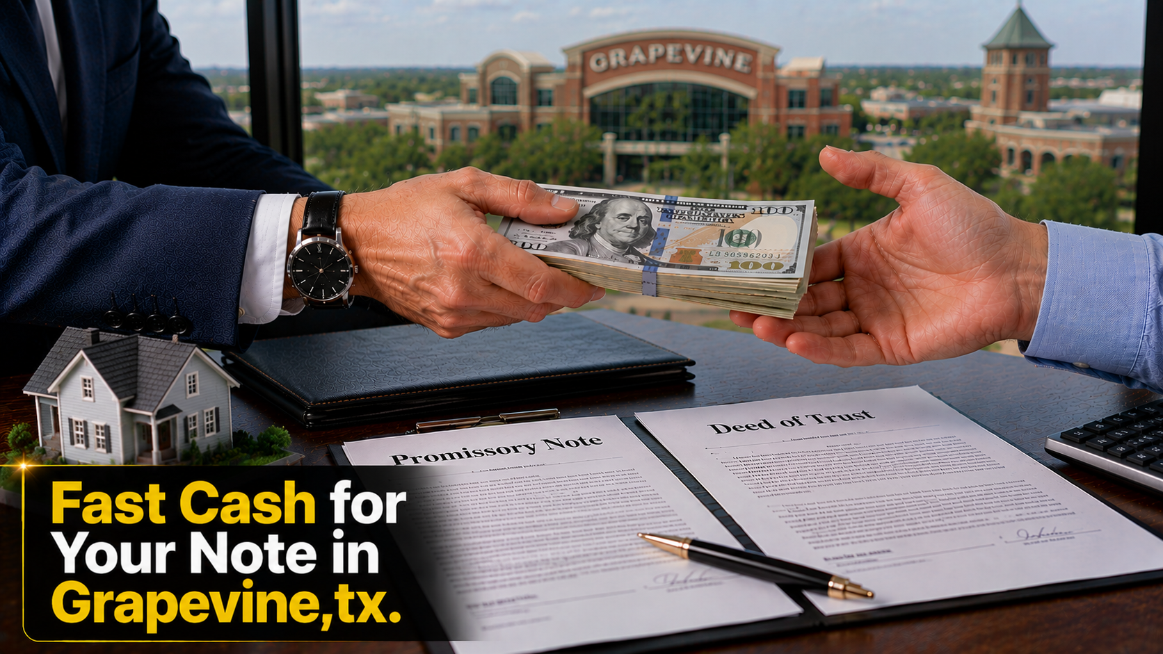 Cash exchange with promissory note and deed of trust documents for fast note sales in Grapevine, TX and Malibu CA.