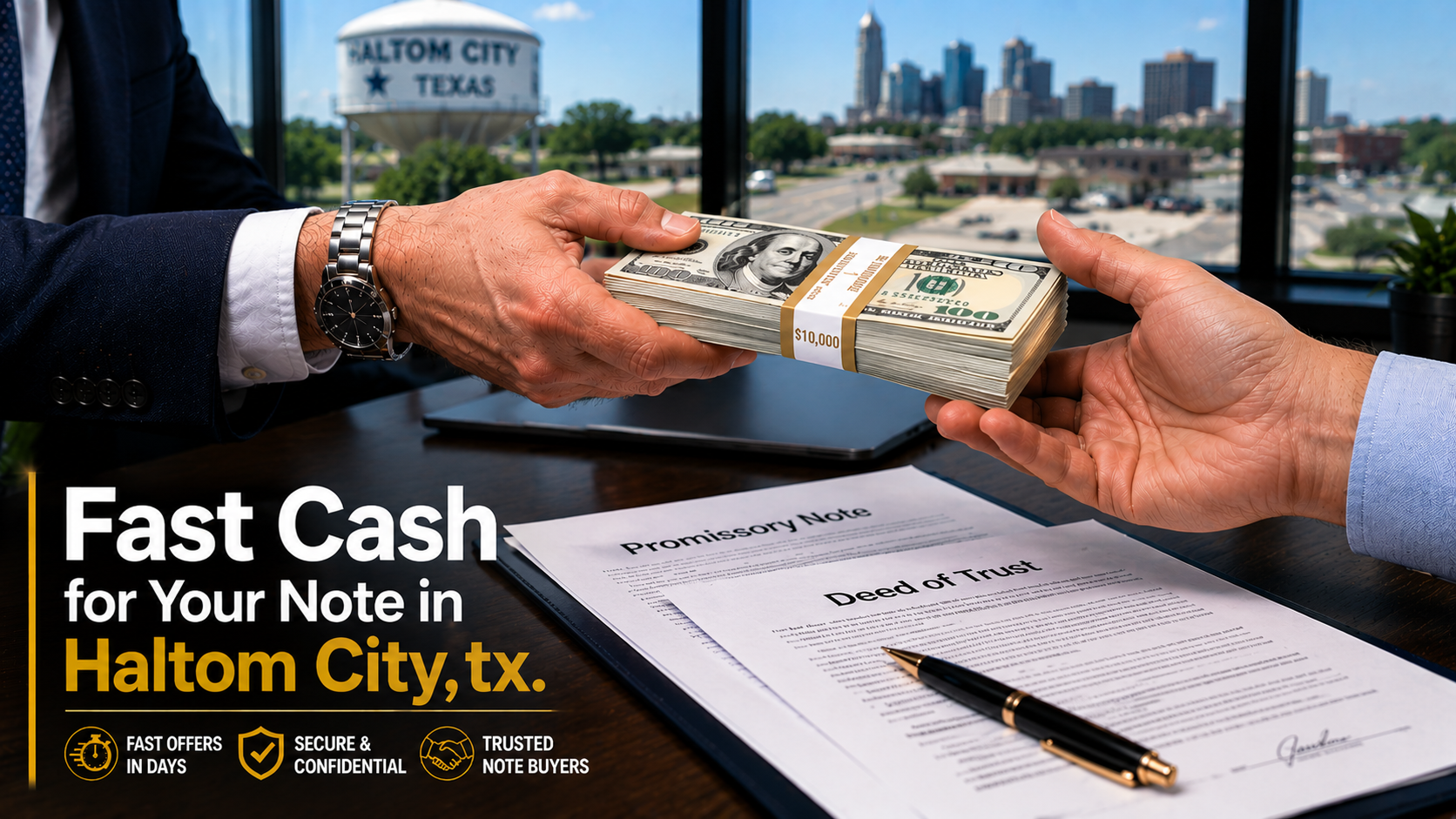 Cash exchange with promissory note and deed of trust during a real estate transaction in Haltom City, TX.