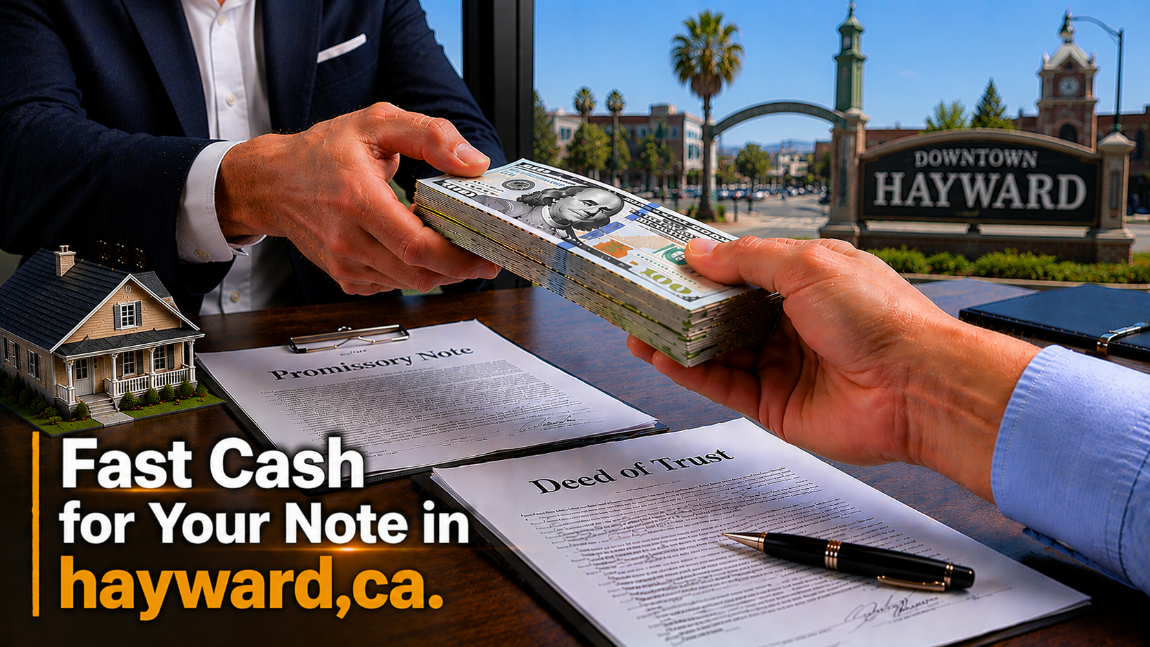Cash exchange with promissory note and deed of trust during a real estate note transaction in Hayward, CA.