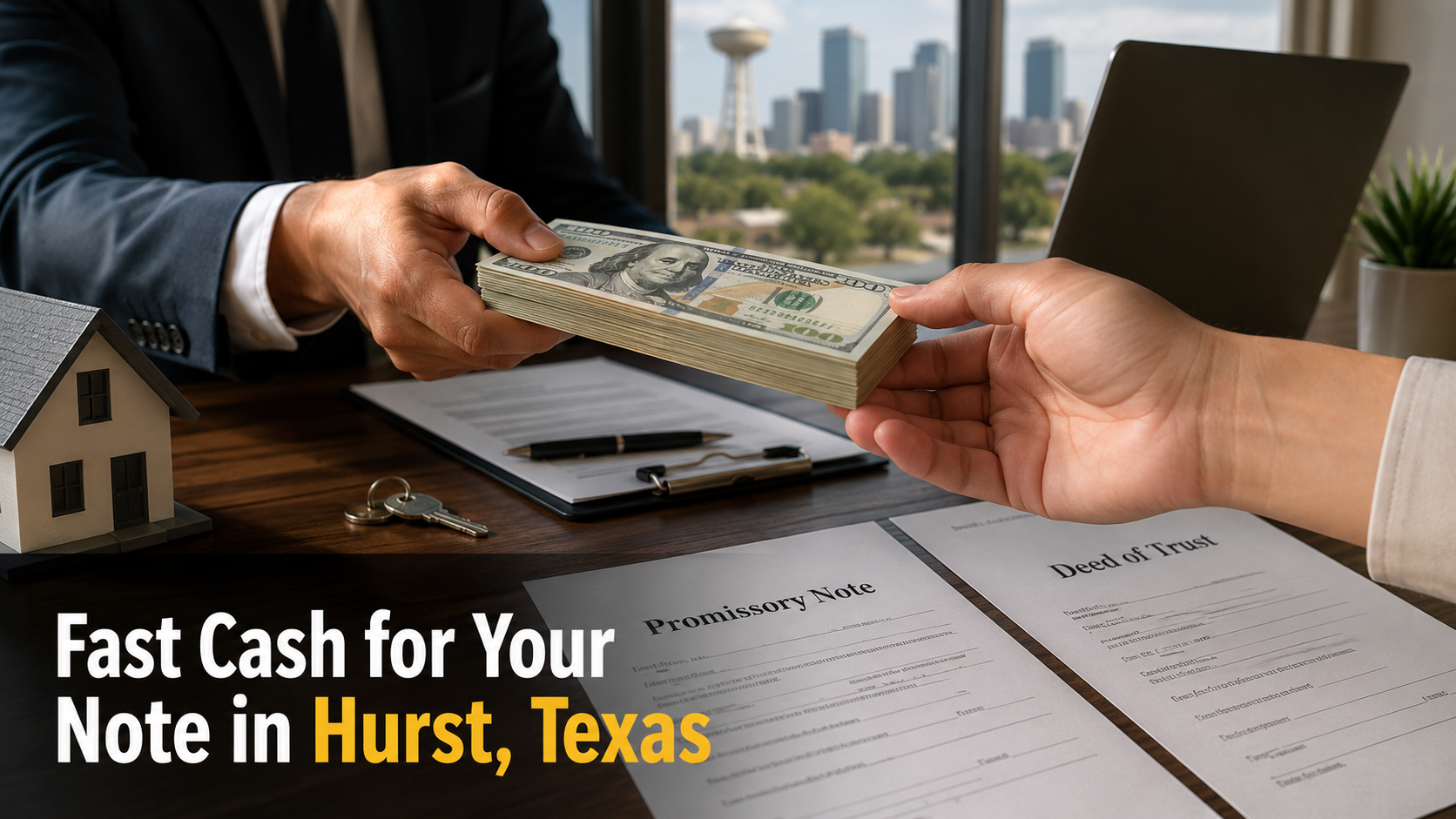 Cash exchange with promissory note and deed of trust during a real estate transaction in Hurst, TX, inspired by Malibu CA.