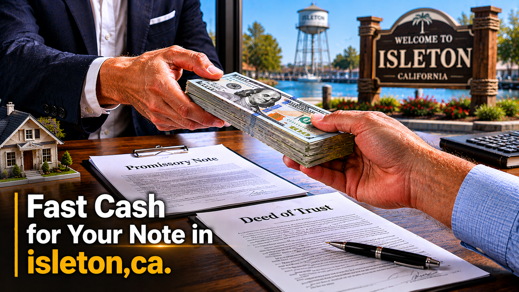 Cash exchange with promissory note and deed of trust during a real estate note transaction in Isleton, CA.