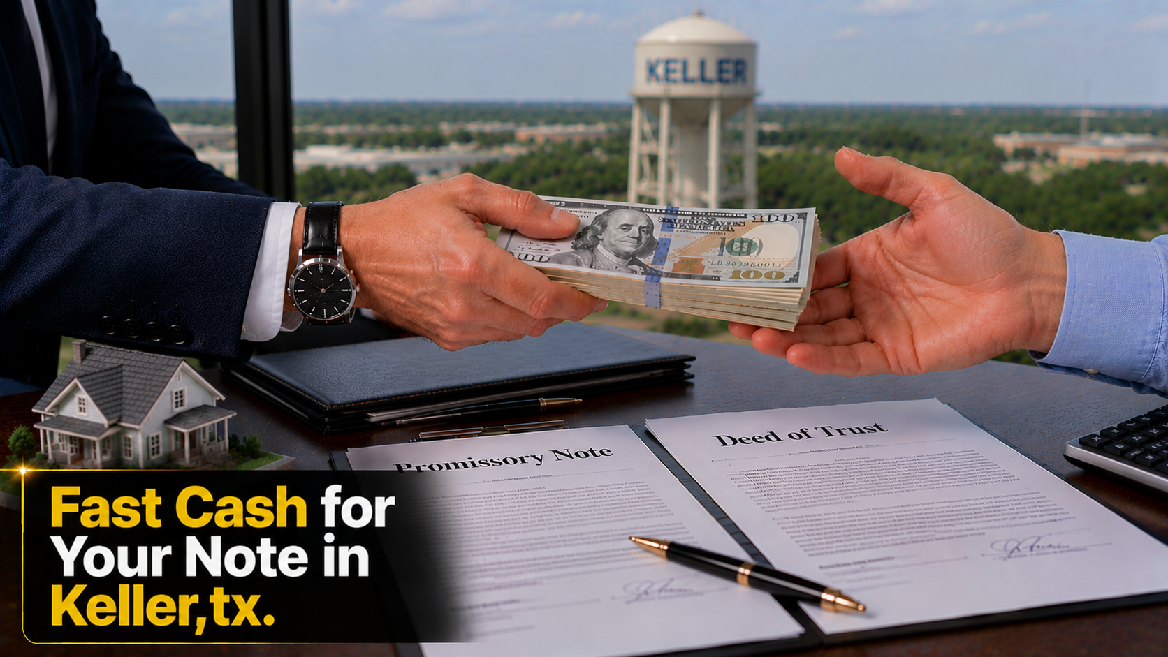 Cash exchange with promissory note and deed of trust documents for fast note sales in Keller, TX and Malibu CA.