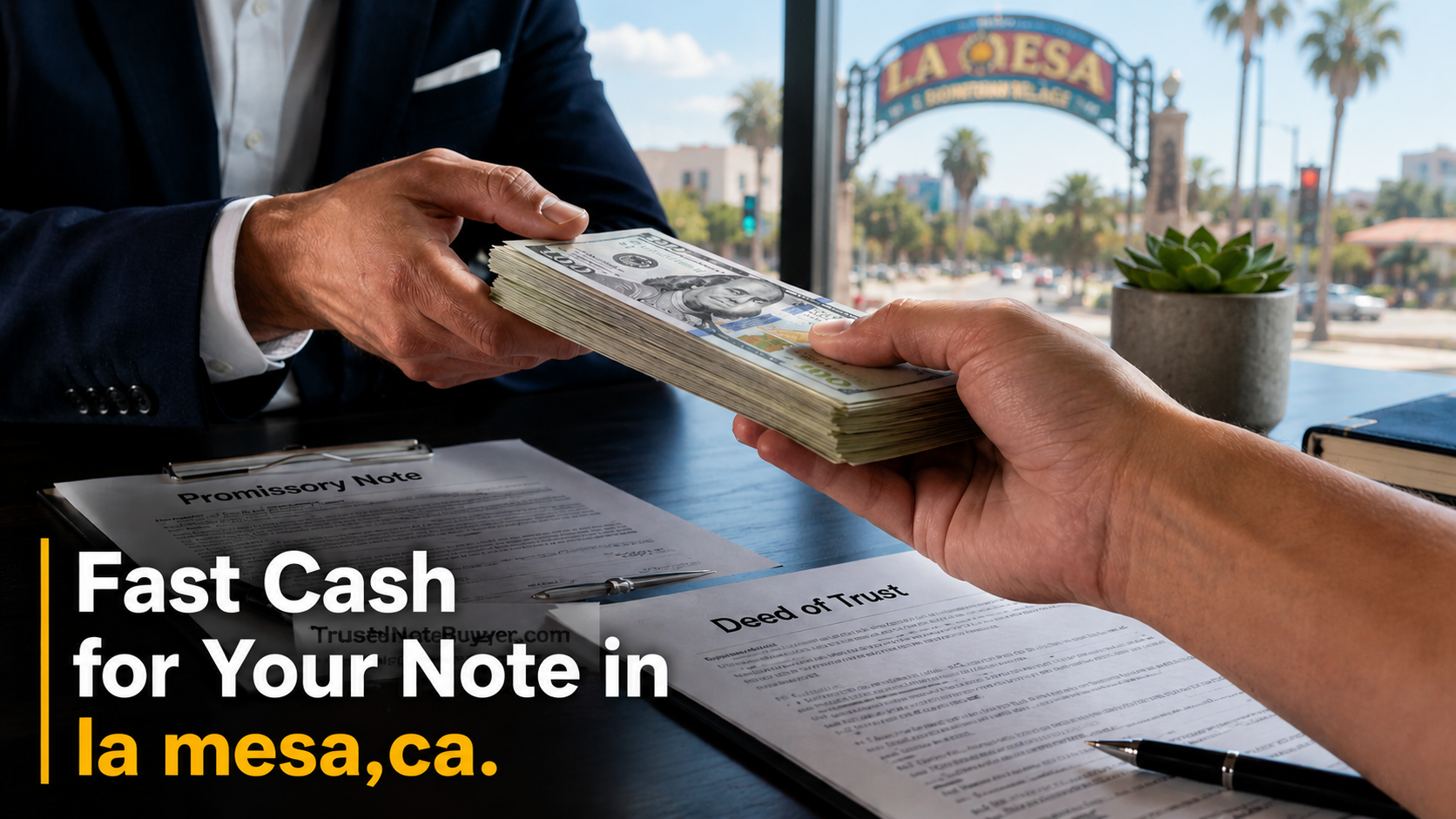 Cash exchange for a promissory note and deed of trust during a real estate note sale in La Mesa, CA.