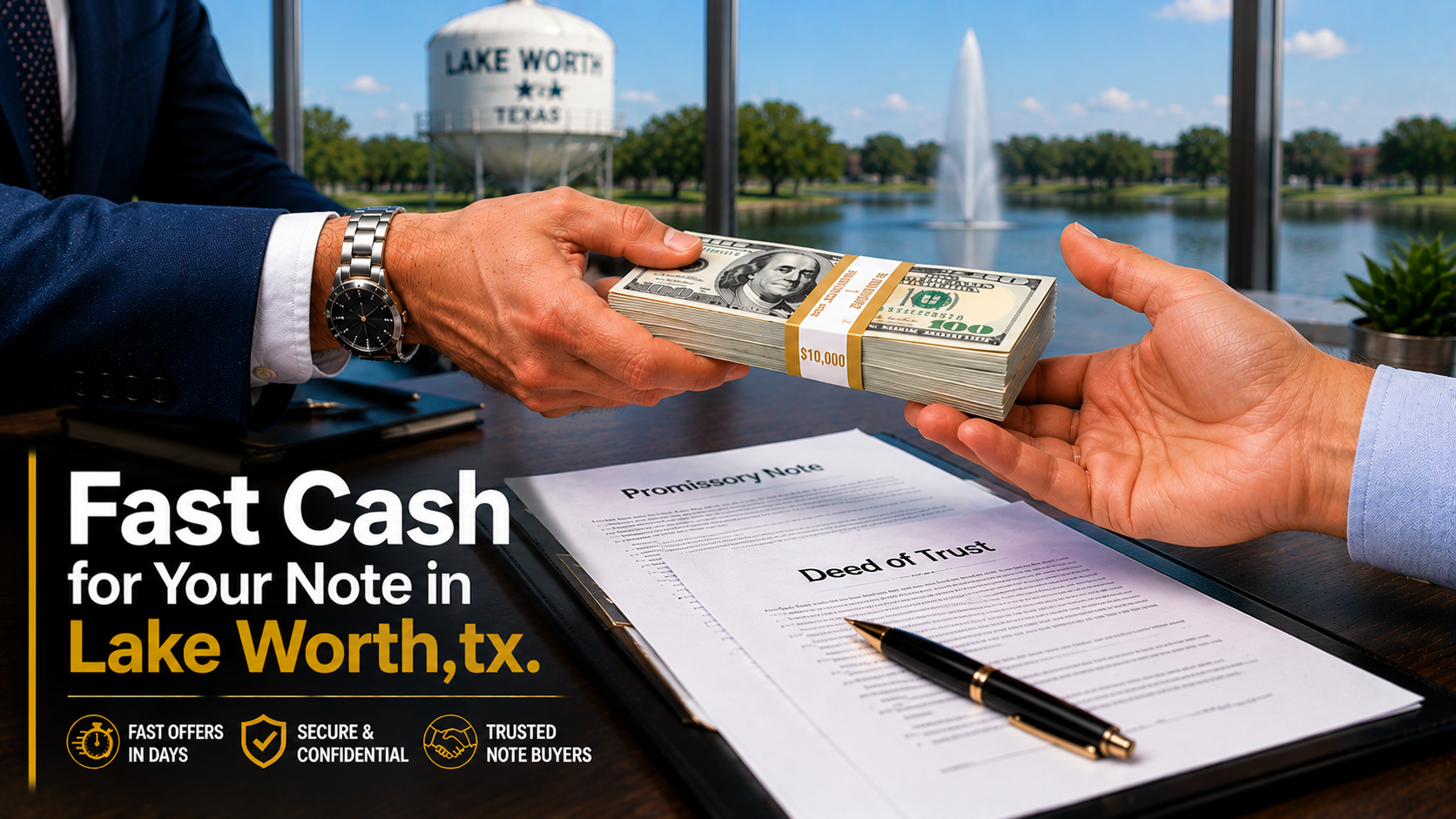 Cash exchange with promissory note and deed of trust during a real estate transaction in Lake Worth, TX.