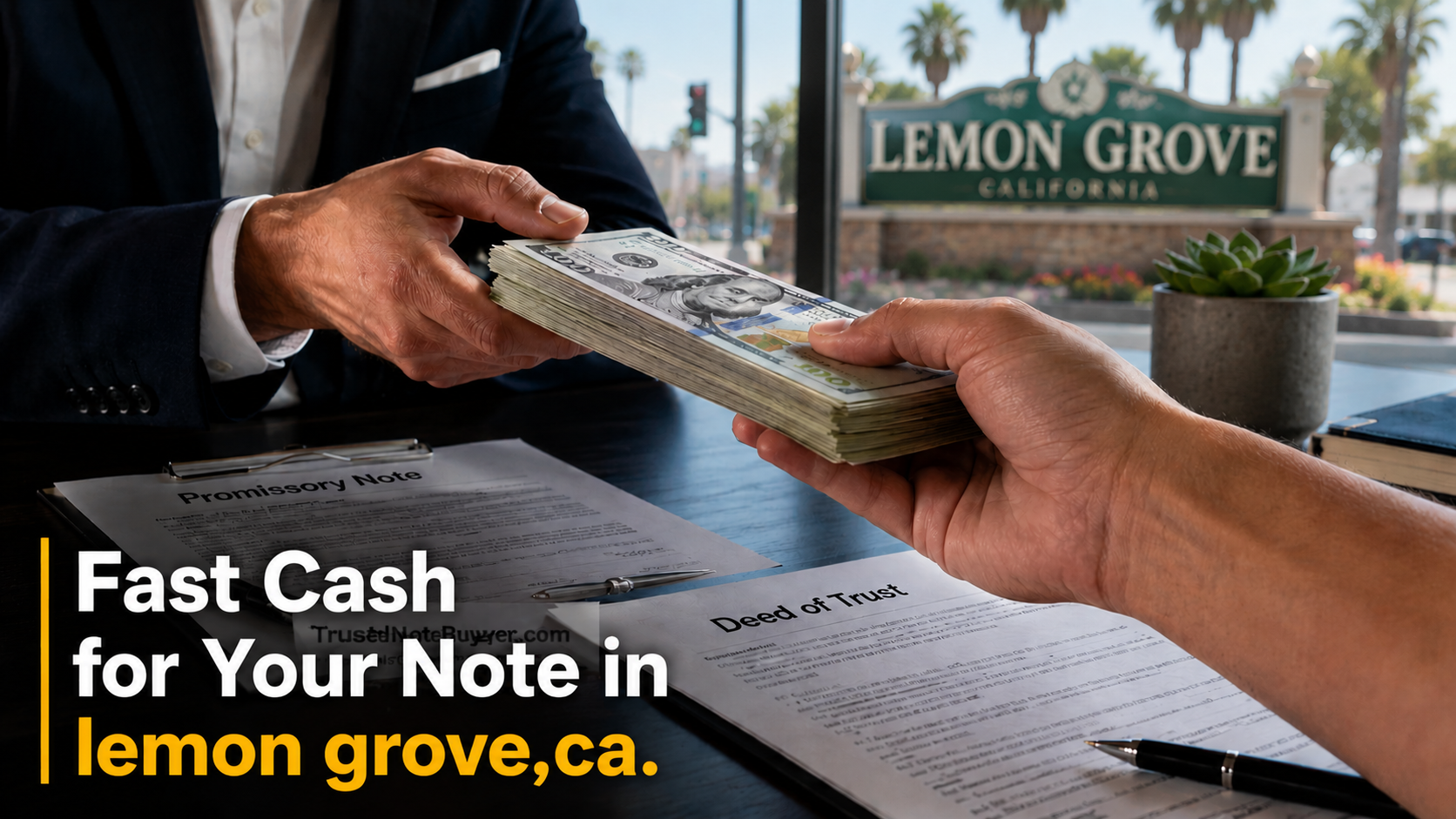 Cash exchange with promissory note and deed of trust during a real estate note sale in Lemon Grove, CA.