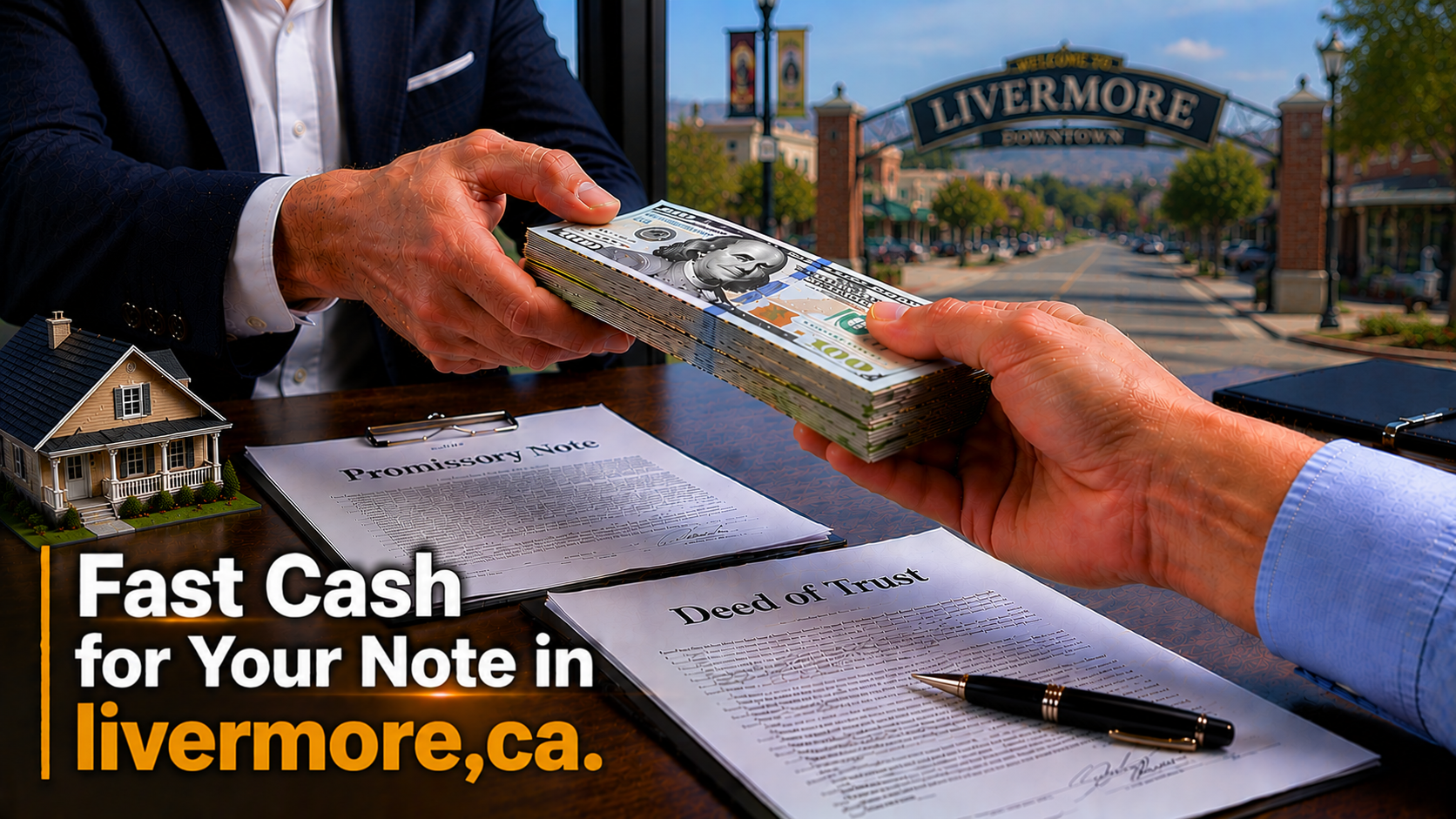 Cash exchange with promissory note and deed of trust during a real estate note sale in Livermore, CA.