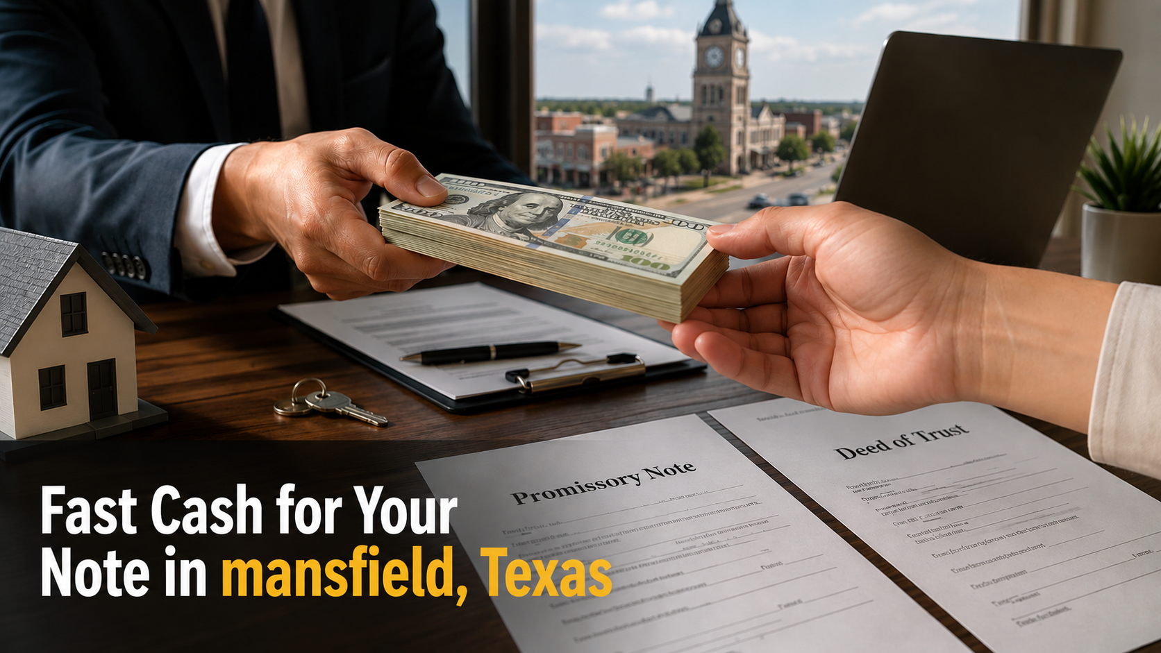 Cash exchange with promissory note and deed of trust during a real estate transaction in Mansfield, TX, inspired by Malibu CA.