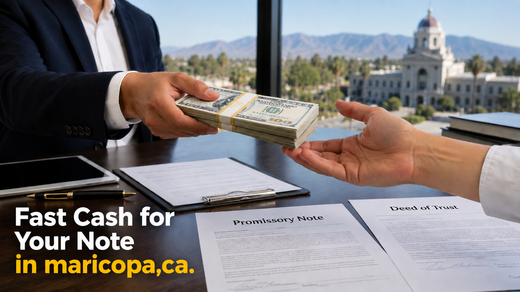 Maricopa CA cash exchange with promissory note and deed of trust during a real estate note sale transaction.