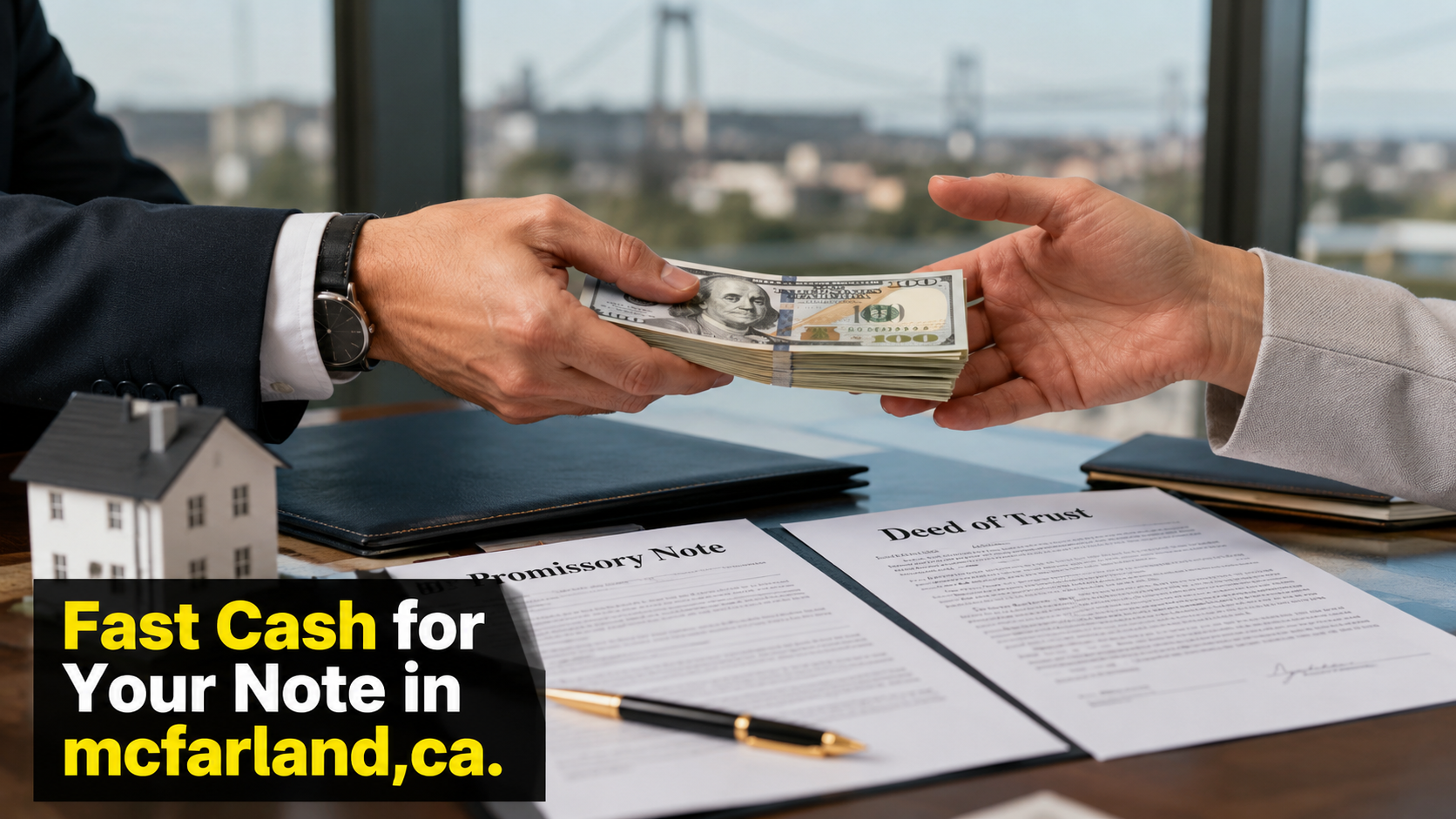 Cash exchange with promissory note and deed of trust documents for fast note sales in McFarland, CA and Malibu CA.