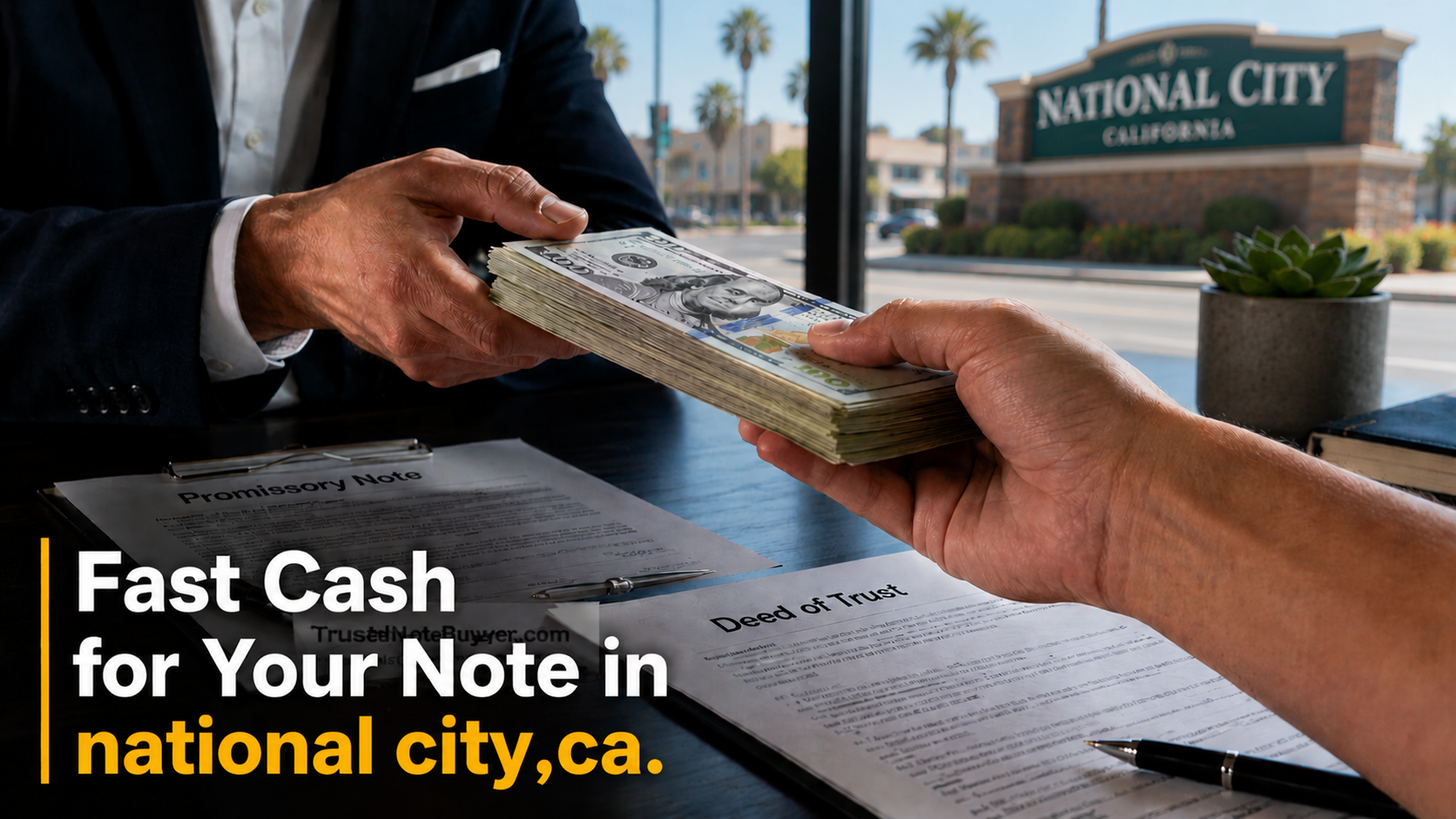 Cash exchange for a promissory note and deed of trust in a National City, CA real estate transaction.