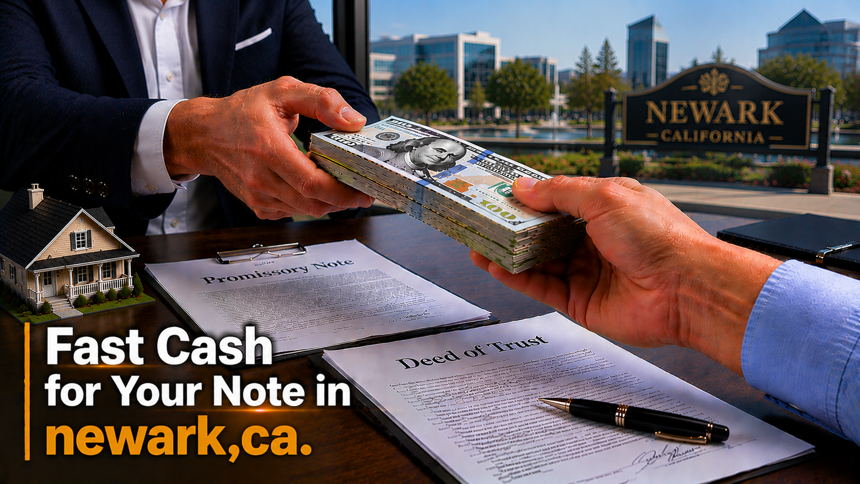 Cash exchange with promissory note and deed of trust during a real estate note transaction in Newark, CA.