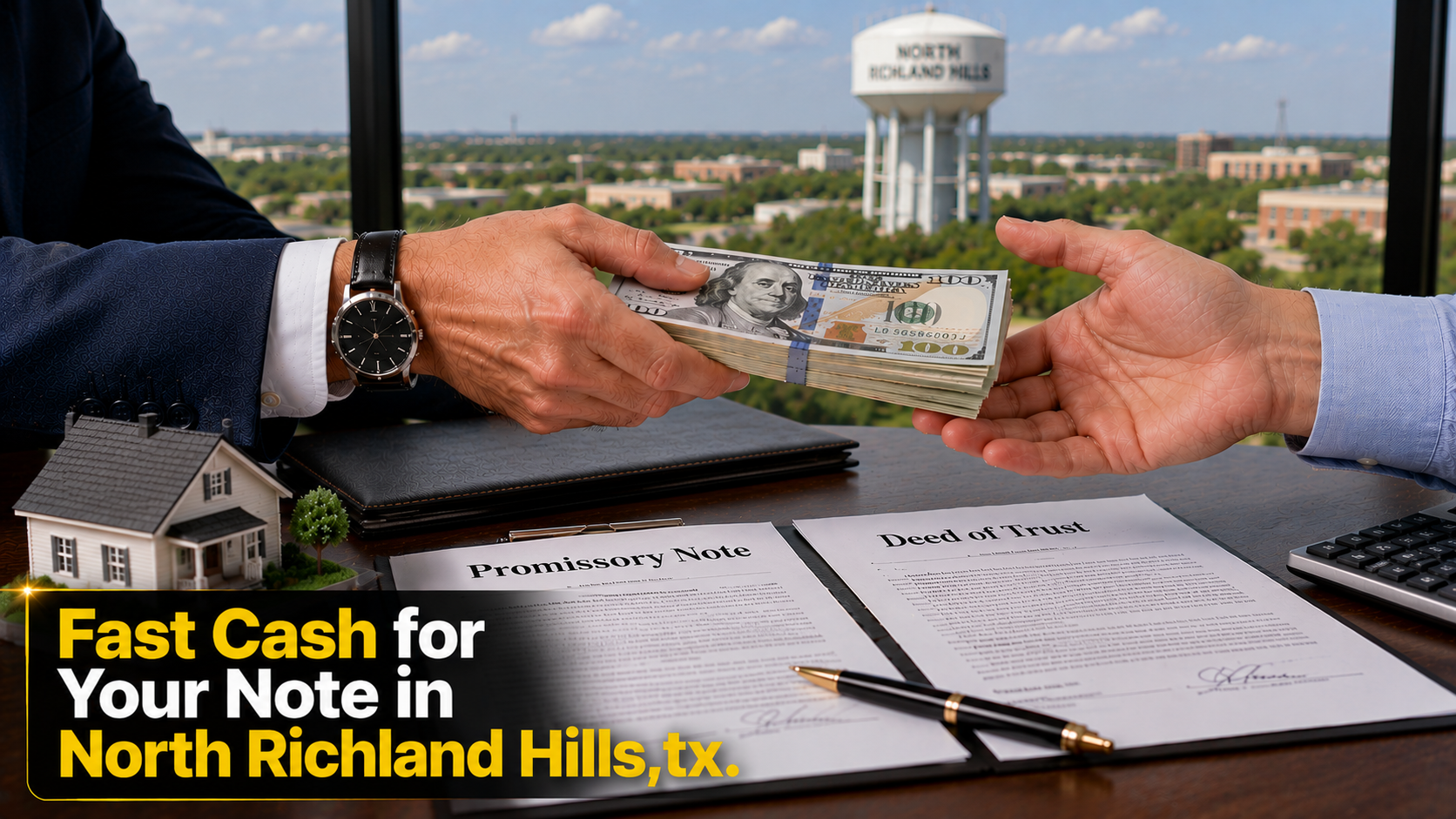 Cash exchange with promissory note and deed of trust documents for fast note sales in North Richland Hills, TX and Malibu CA.