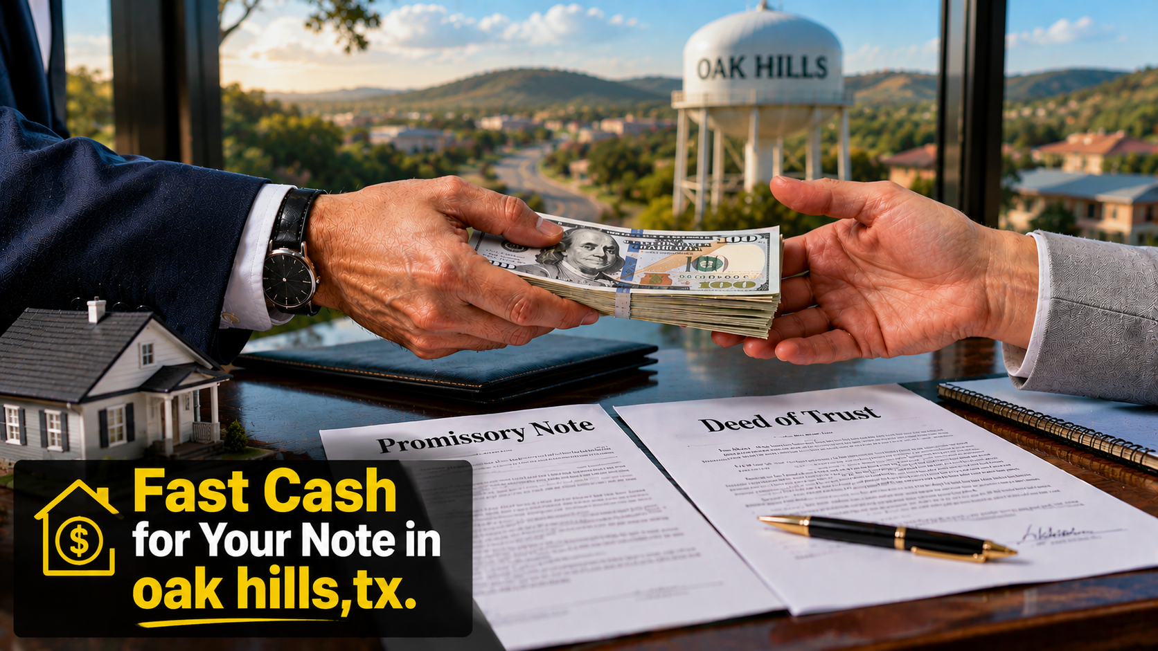 Cash exchange with promissory note and deed of trust documents for fast note sales in Oak Hills, TX and Malibu CA.