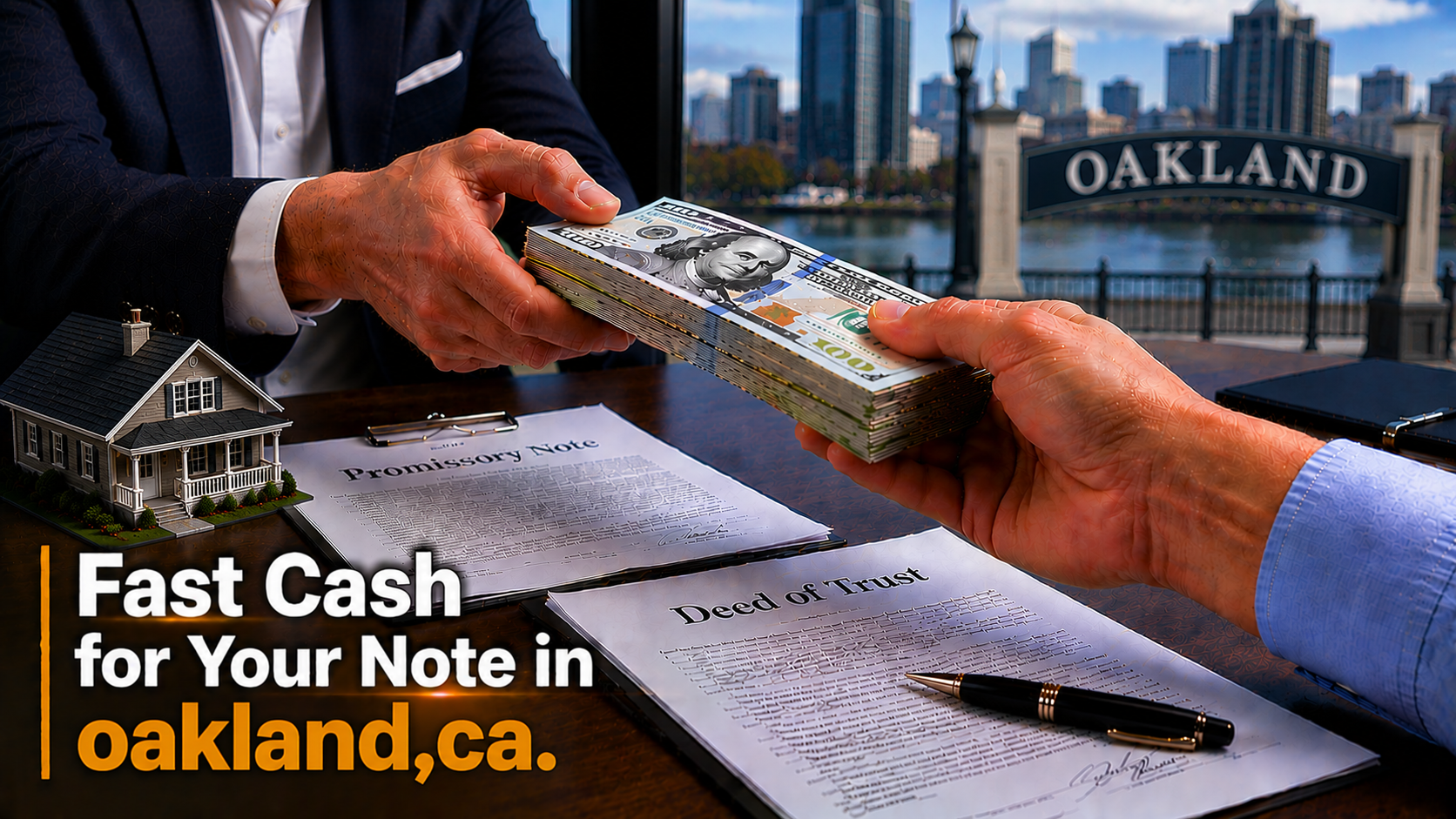 Cash exchange with promissory note and deed of trust during a real estate note transaction in Oakland, CA.