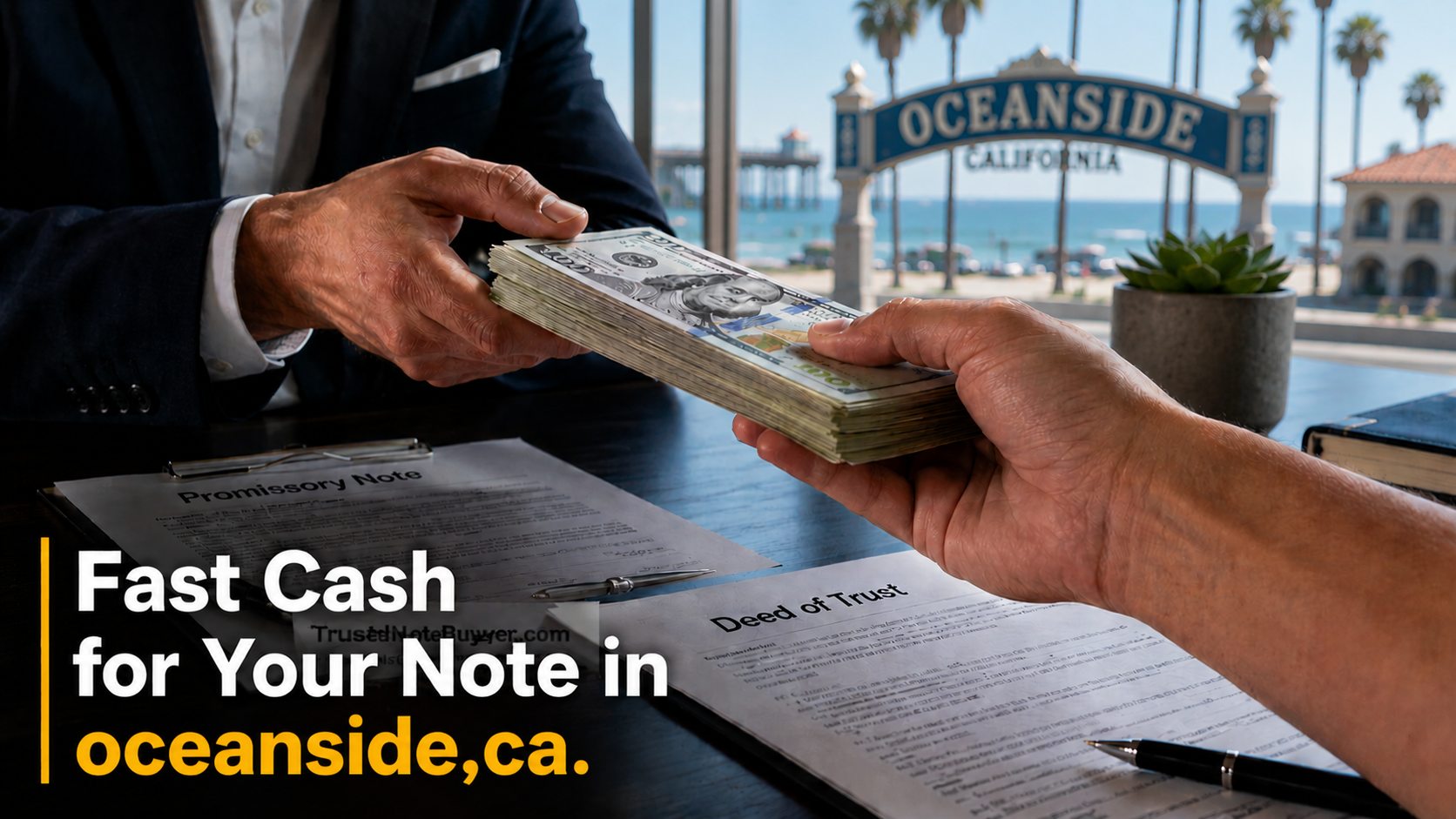 Cash exchange with promissory note and deed of trust during a real estate note transaction in Oceanside, CA.