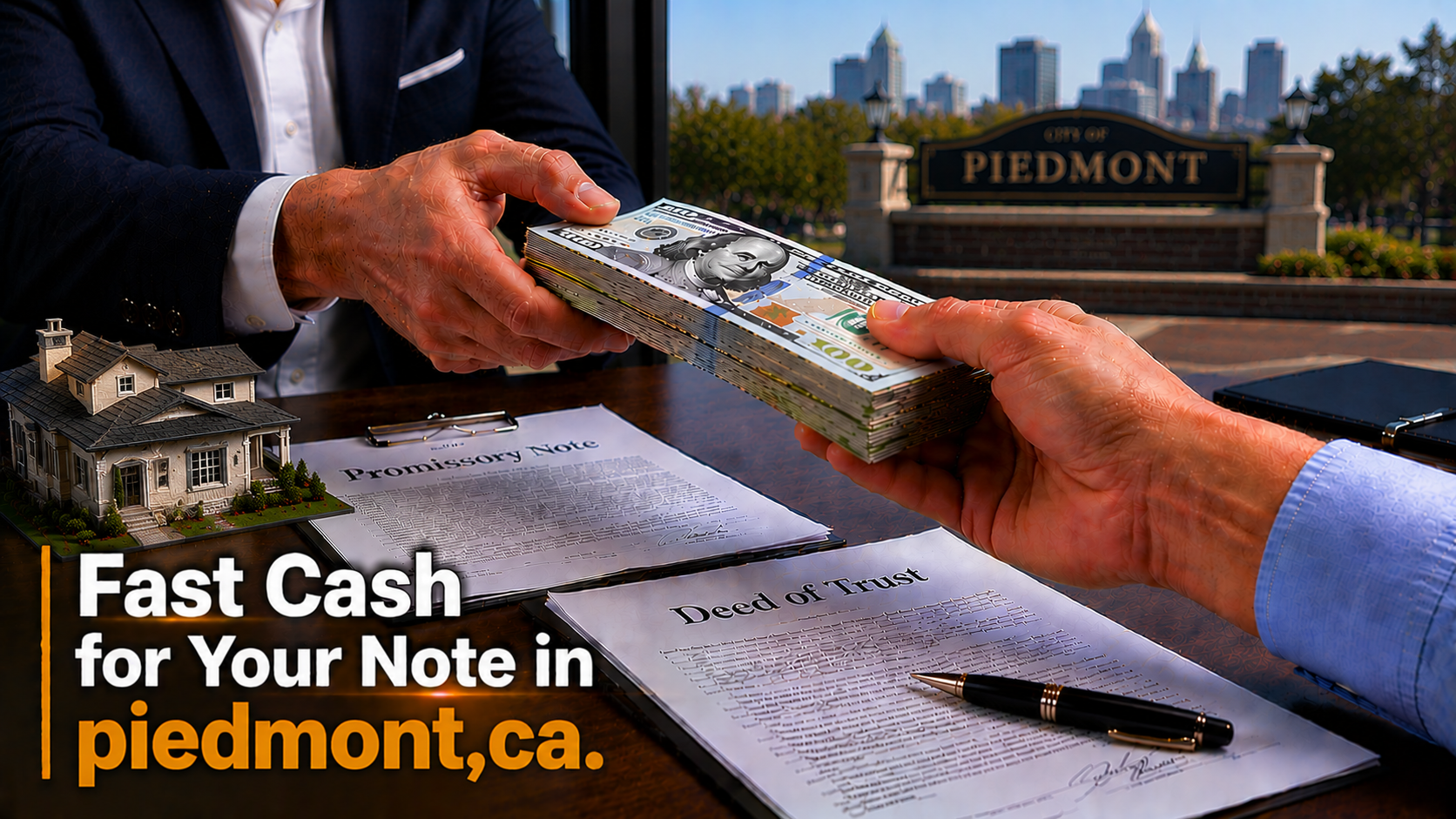 Cash exchange with promissory note and deed of trust during a real estate note sale in Piedmont, CA.