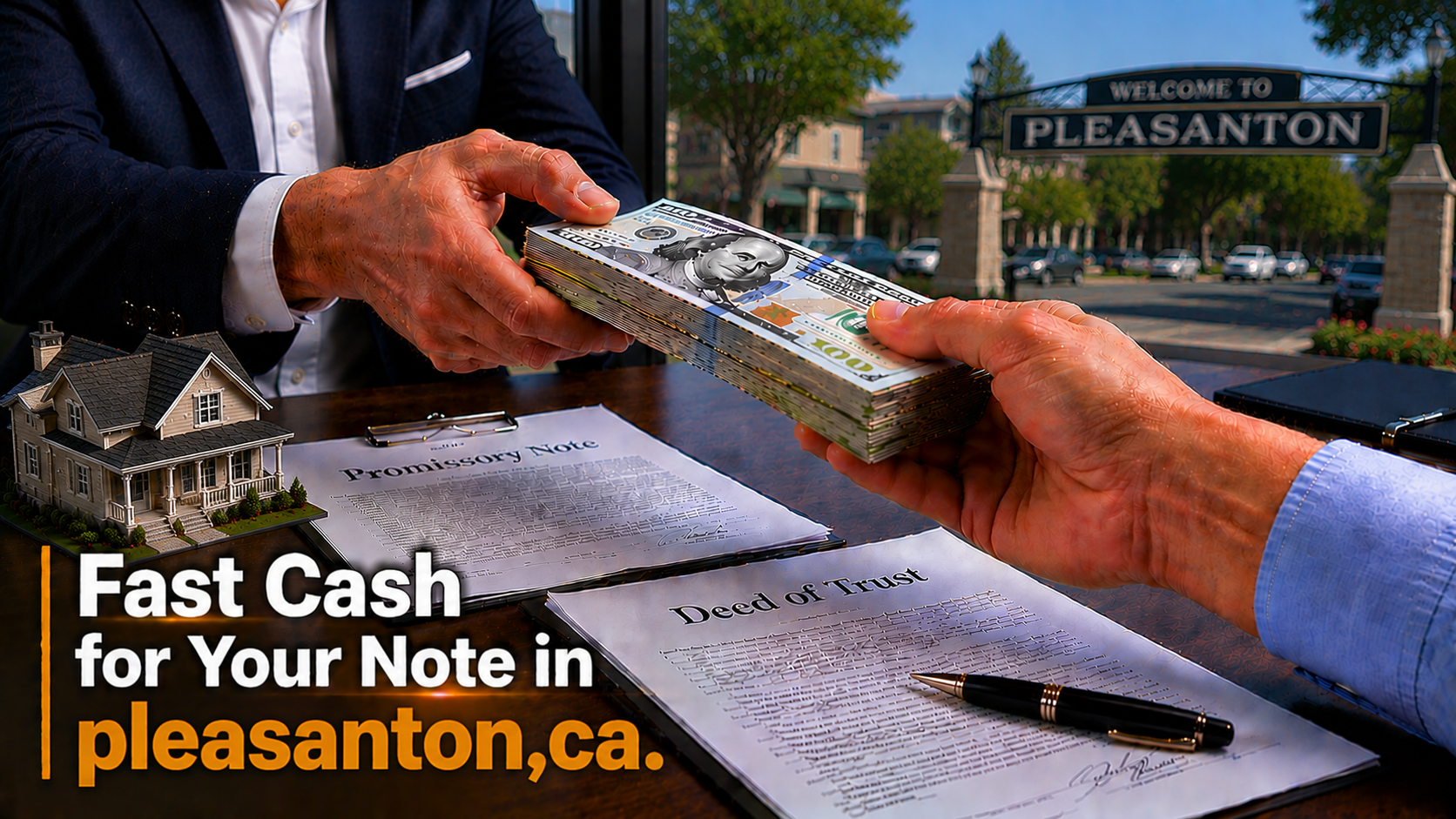 Cash exchange with promissory note and deed of trust during a real estate note transaction in Pleasanton, CA.
