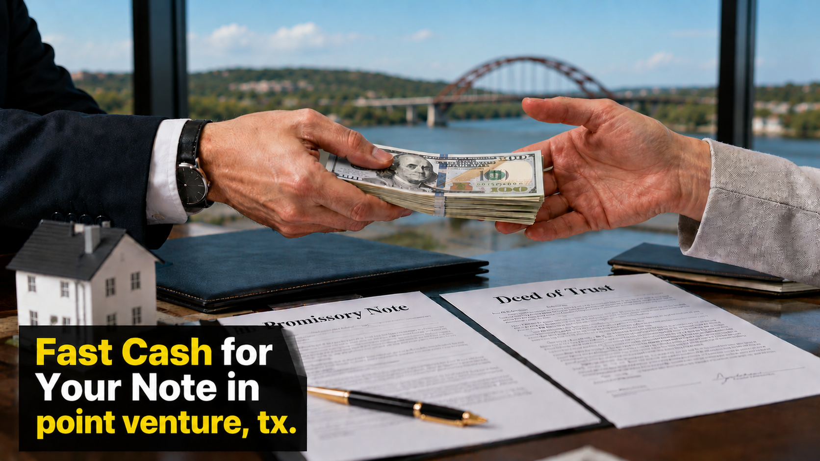 Cash exchange with promissory note and deed of trust documents for fast note sales in Point Venture, TX and Malibu CA.