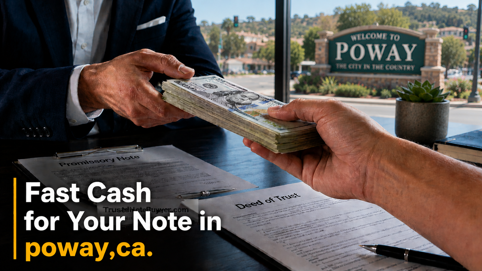 Cash exchange with promissory note and deed of trust during a real estate note sale in Poway, CA.