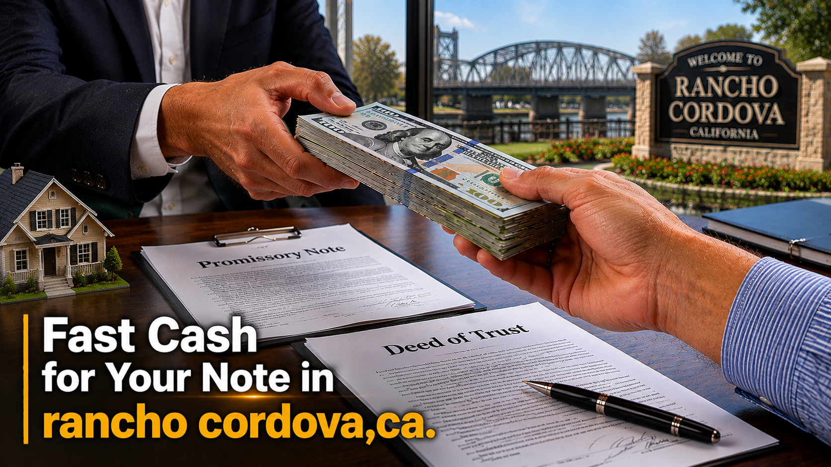 Cash exchange with promissory note and deed of trust during a real estate note sale in Rancho Cordova, CA.