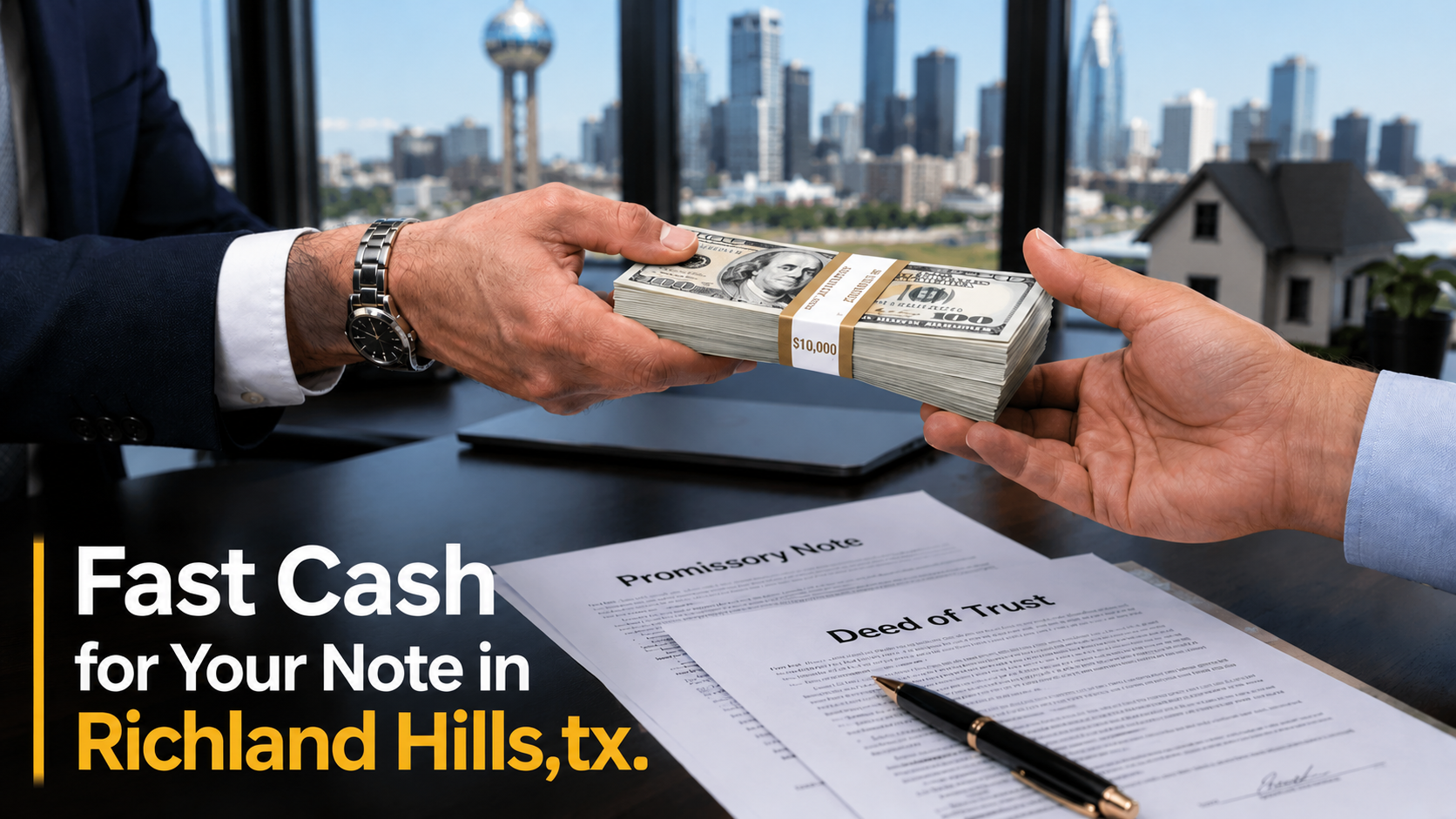 Cash exchange with promissory note and deed of trust during a real estate transaction in Richland Hills, TX.