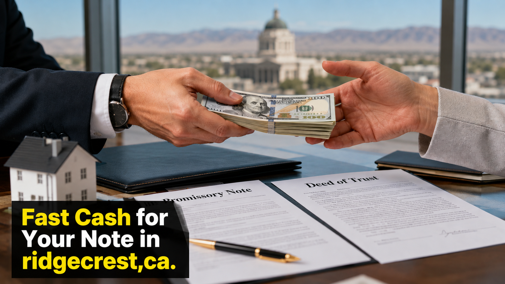 Cash exchange with promissory note and deed of trust documents for fast note sales in Ridgecrest, CA and Malibu CA.