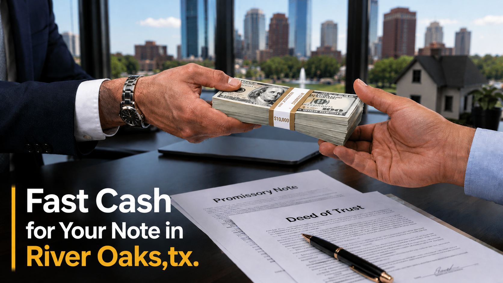 Cash exchange with promissory note and deed of trust during a real estate transaction in River Oaks, TX.