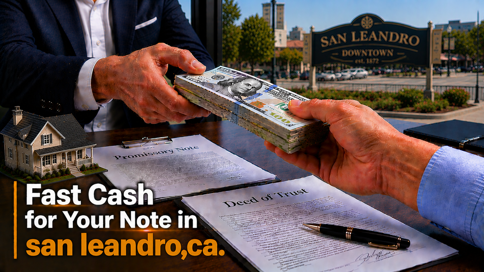 Cash exchange with promissory note and deed of trust during a real estate note transaction in San Leandro, CA.