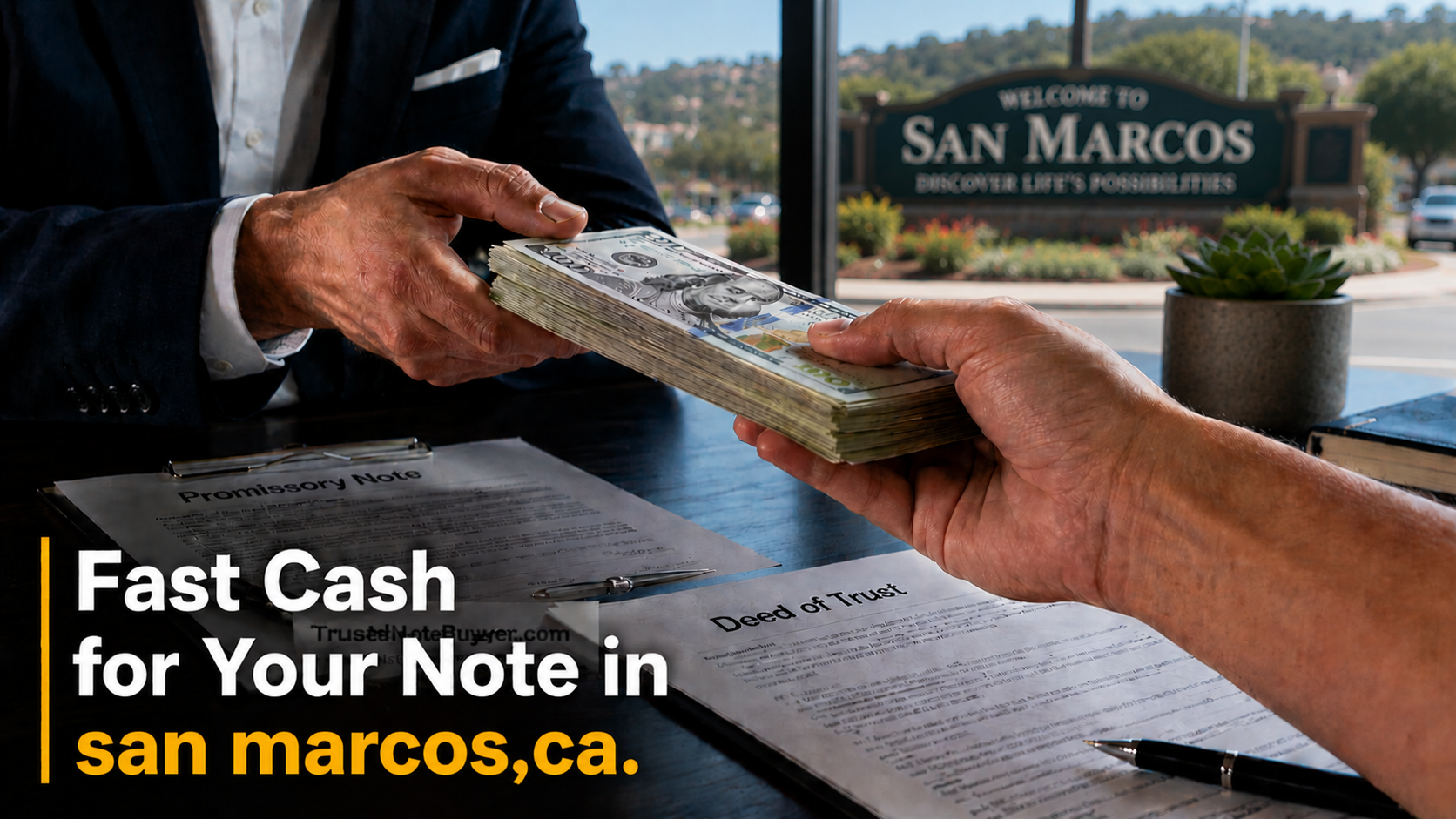 Cash exchange with promissory note and deed of trust during a real estate note transaction in San Marcos, CA.
