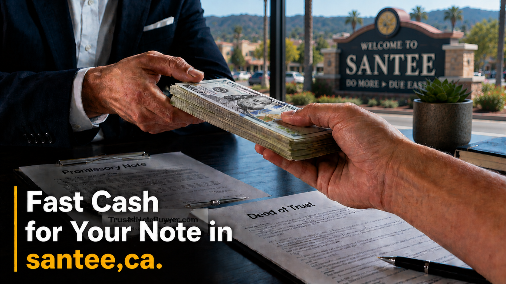 Cash exchange with promissory note and deed of trust during a real estate note sale in Santee, CA.