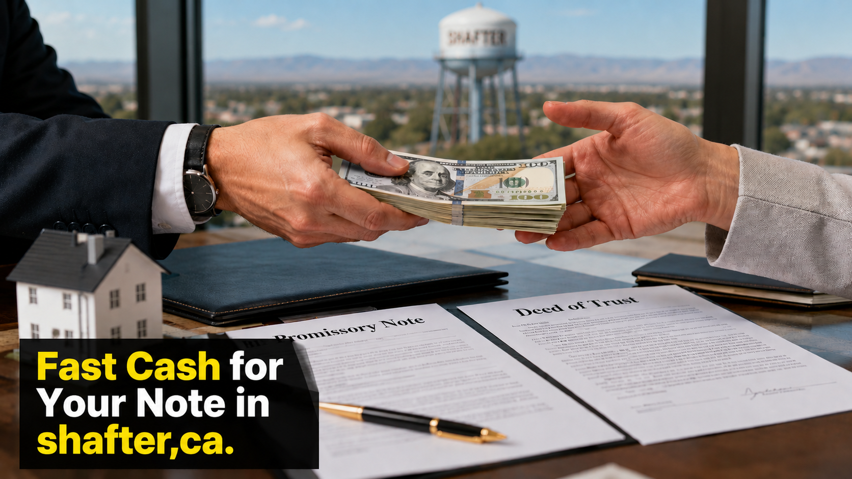 Cash exchange with promissory note and deed of trust documents for fast note sales in Shafter, CA and Malibu CA.