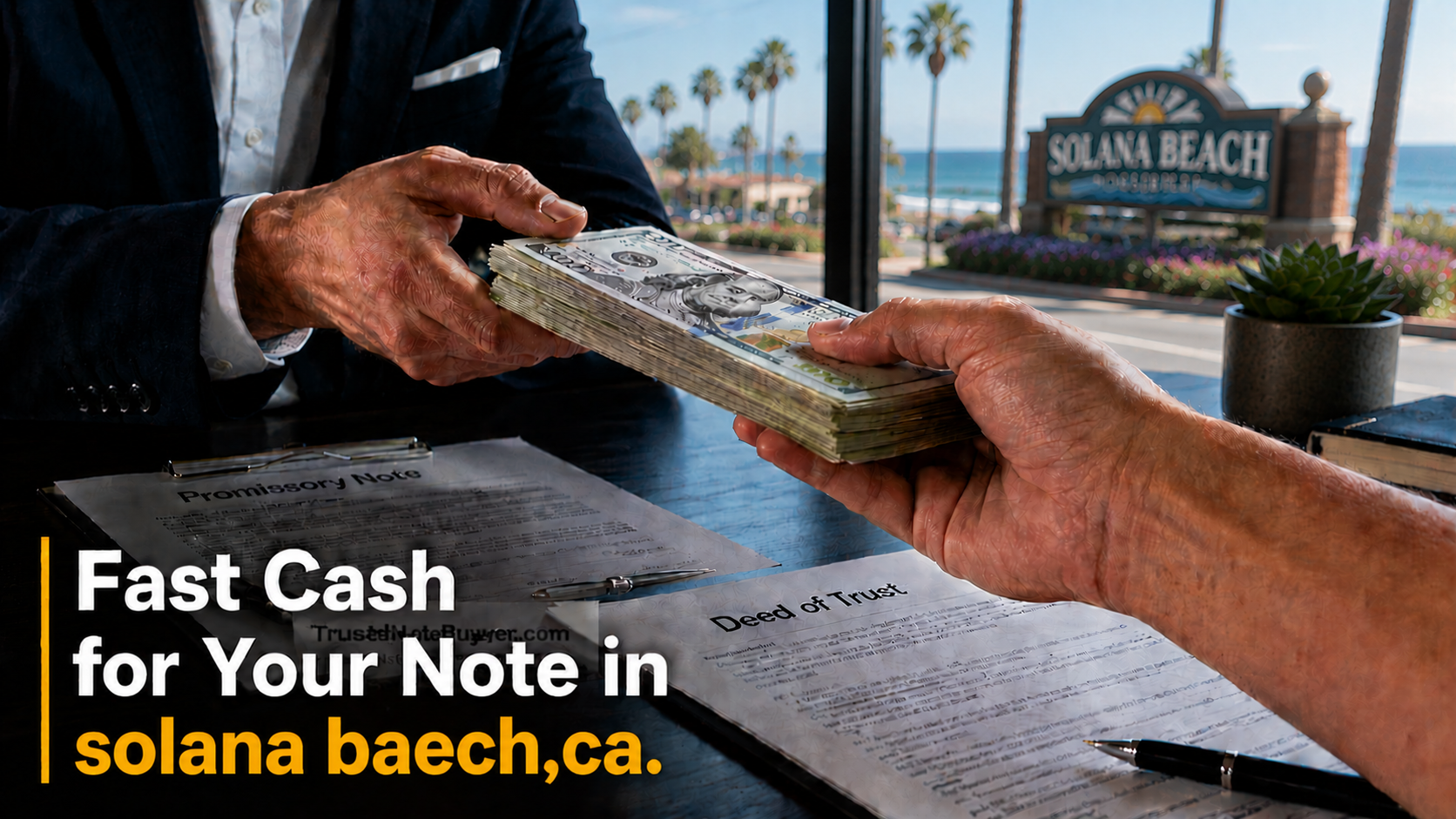 Cash exchange with promissory note and deed of trust during a real estate note transaction in Solana Beach, CA.