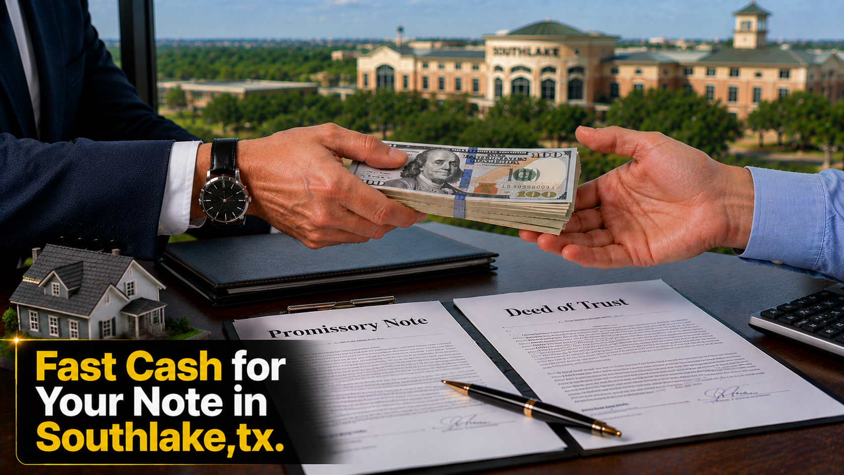 Cash exchange with promissory note and deed of trust documents for fast note sales in Southlake, TX and Malibu CA.