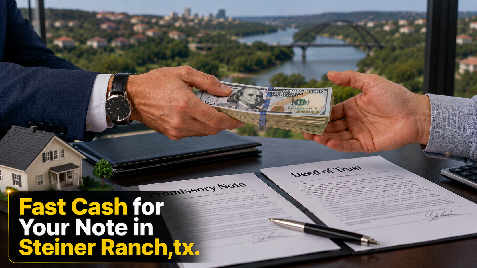 Cash exchange with promissory note and deed of trust documents for fast note sales in Steiner Ranch, TX and Malibu CA.