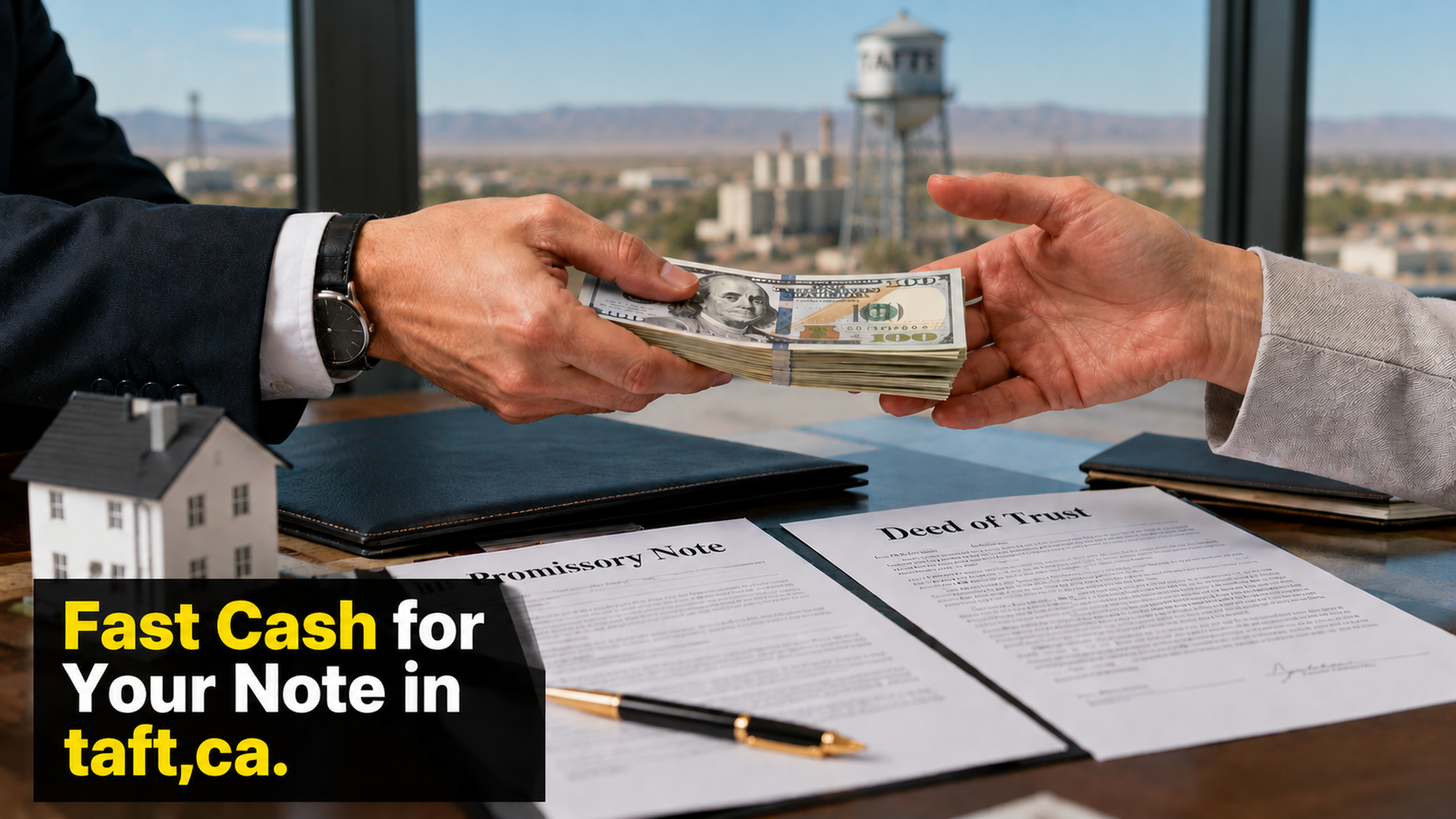 Cash exchange with promissory note and deed of trust documents for fast note sales in Taft, CA and Malibu CA.
