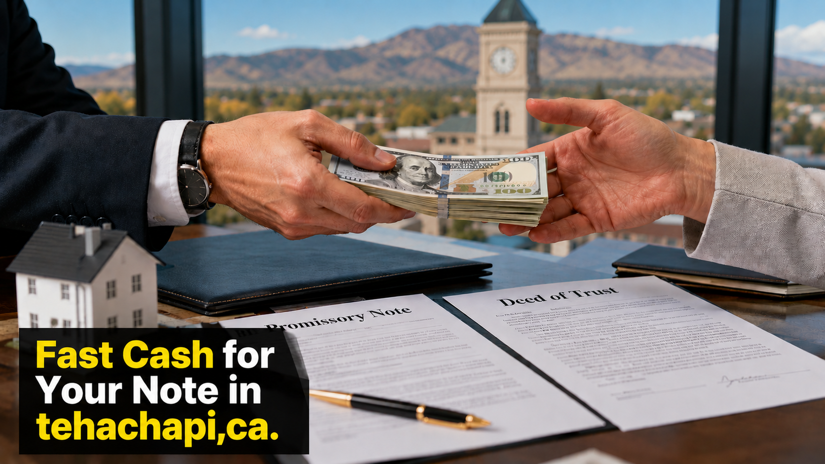 Cash exchange with promissory note and deed of trust documents for fast note sales in Tehachapi, CA and Malibu CA.