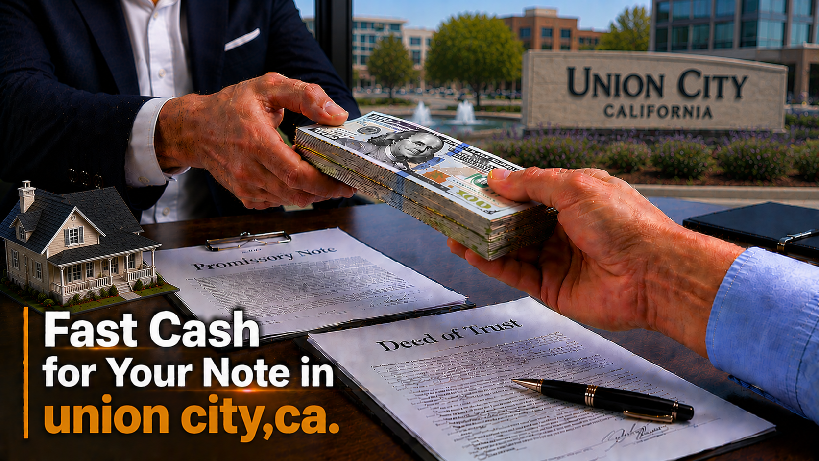 Cash exchange with promissory note and deed of trust during a real estate note transaction in Union City, CA.