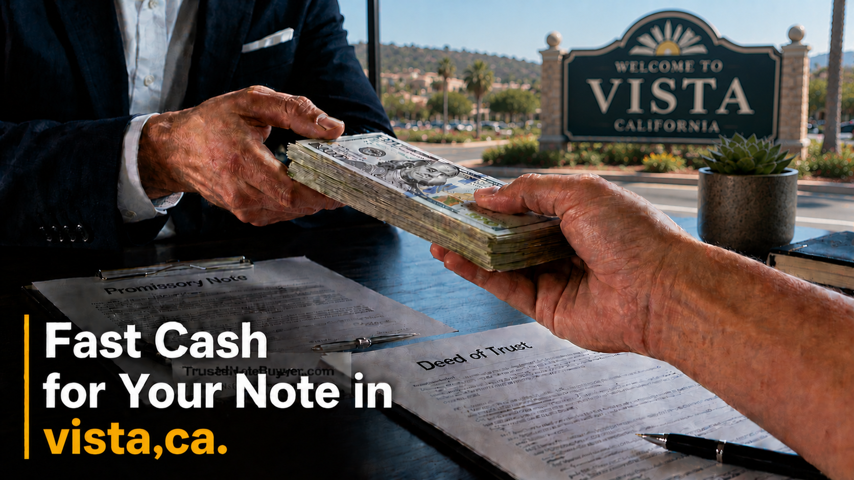 Cash exchange with promissory note and deed of trust during a real estate note sale in Vista, CA.
