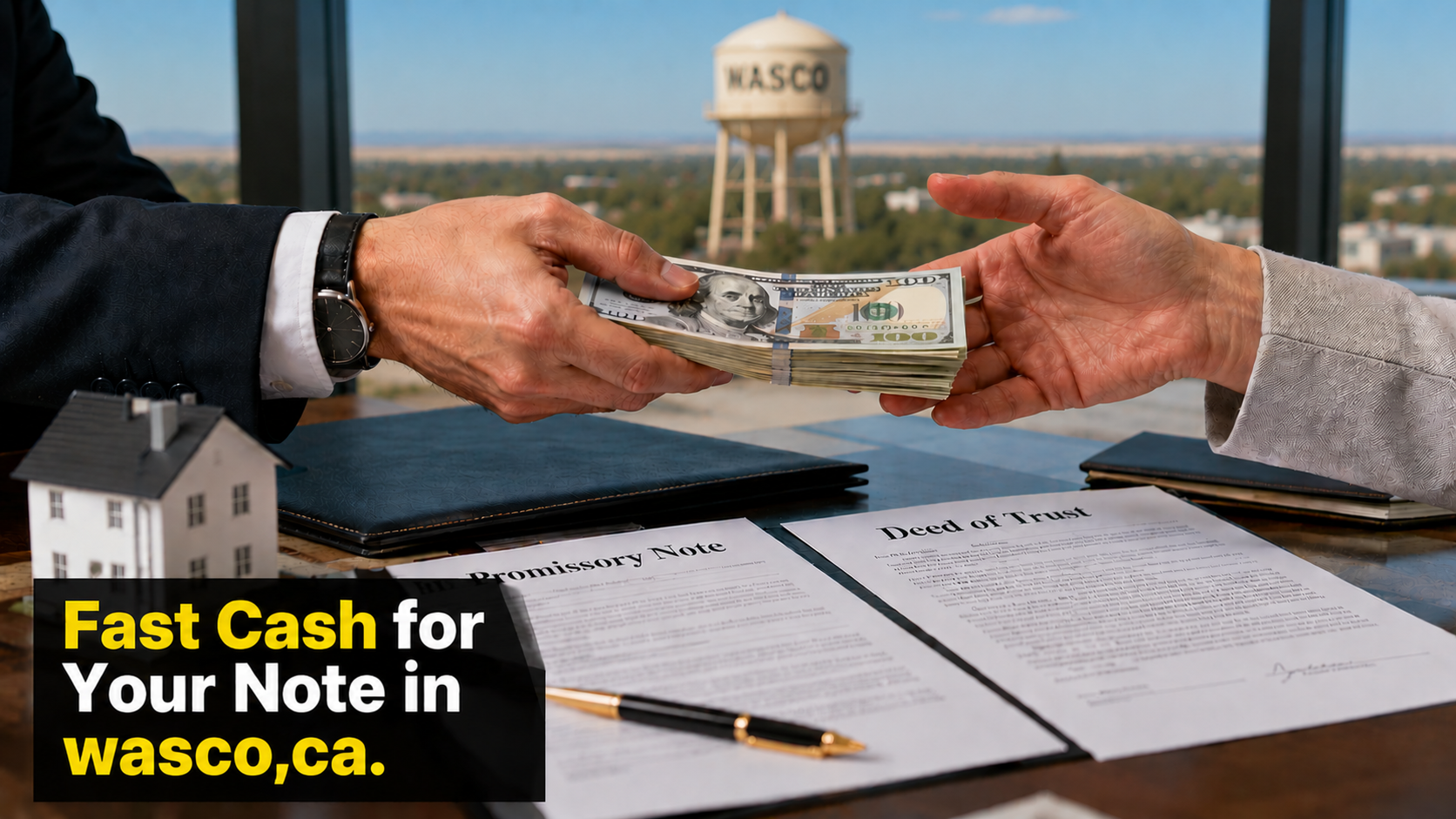 Cash exchange with promissory note and deed of trust documents for fast note sales in Wasco, CA and Malibu CA.