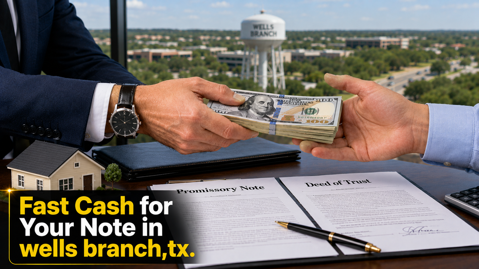 Cash exchange with promissory note and deed of trust documents for fast note sales in Wells Branch, TX and Malibu CA.