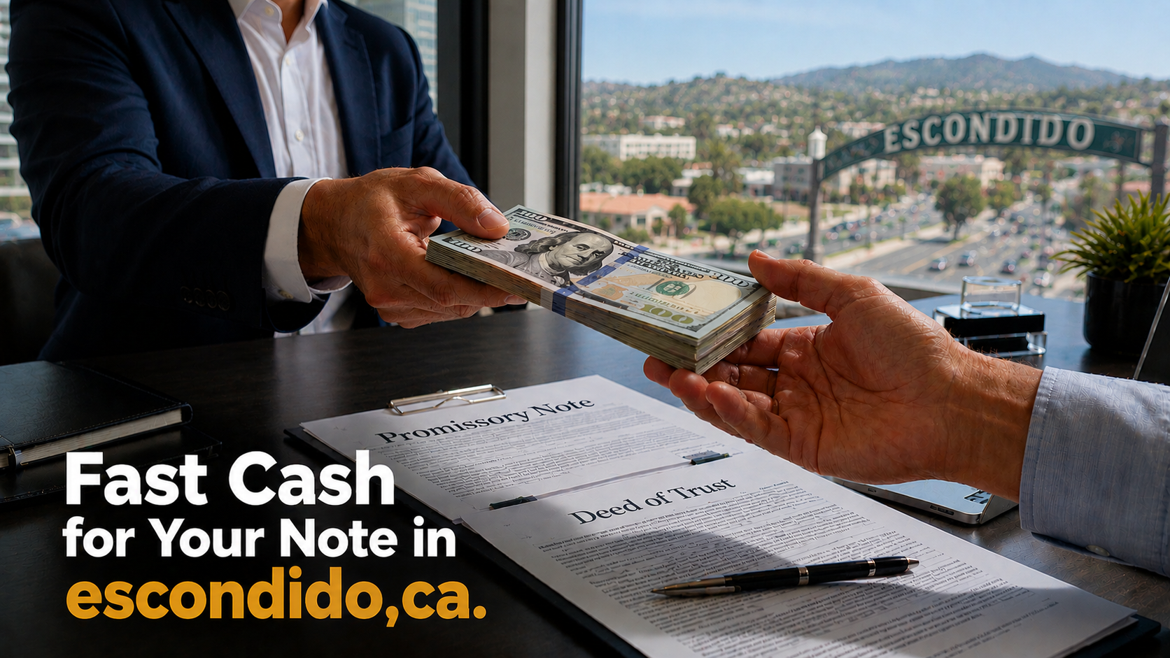 Cash exchange for promissory note and deed of trust sale in Escondido CA real estate transaction.